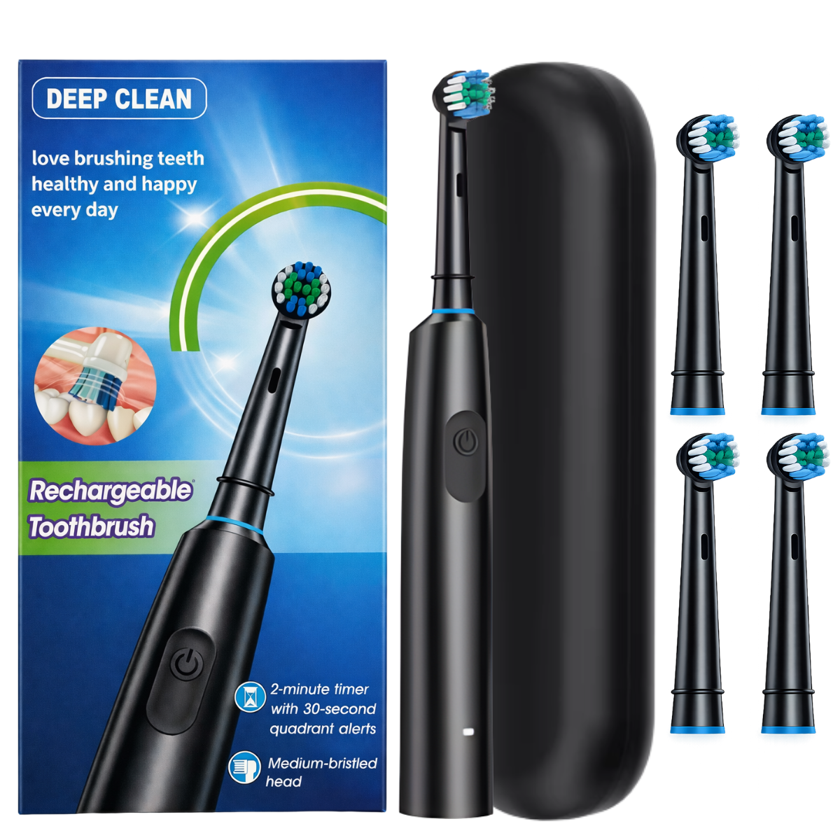 Electric Toothbrush Deep Clean Black + 4 Brush Heads
